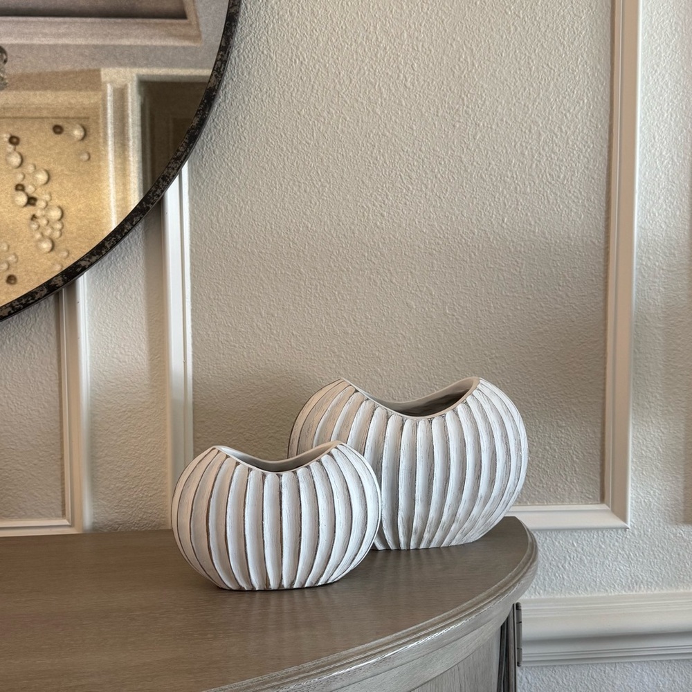 Elegant White Ribbed Ceramic Vases